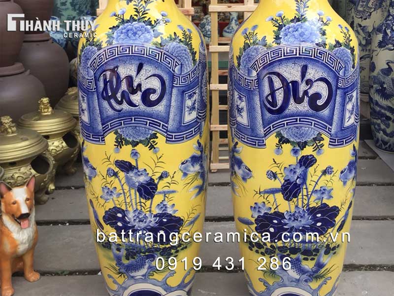 Lọ lộc bình cuốn thư Phúc Đức nền vàng 1m6 may mắn tài lộc