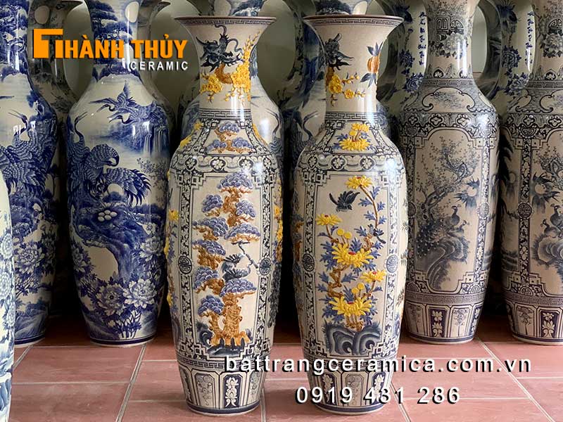 Lộc bình Tứ Cảnh 1m6 cao cấp đắp nổi men rạn chiêu tài giữ lộc