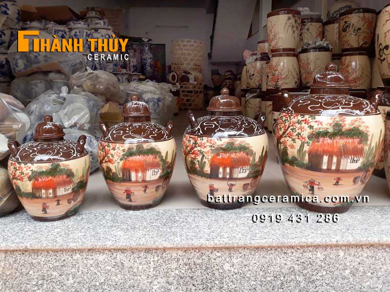 Vò rượu sứ Bát Tràng 30 lít vẽ tay chắc chắn an toàn