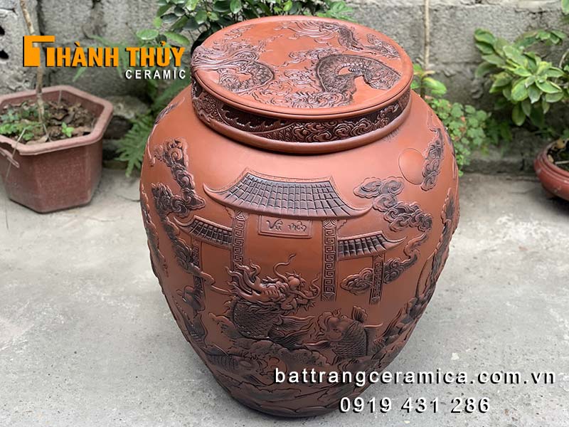 Chum ngâm rượu Cá chép hóa rồng 50L sành Bát Tràng chất lượng cao Chum ngâm rượu Cá chép hóa rồng 50L sành Bát Tràng chất lượng cao