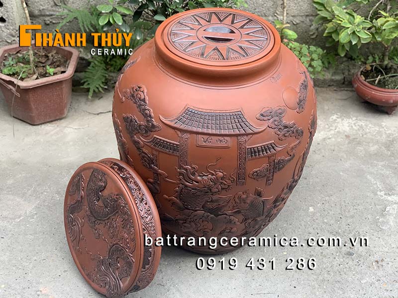 Chum ngâm rượu Cá chép hóa rồng 50L sành Bát Tràng chất lượng cao Chum ngâm rượu Cá chép hóa rồng 50L sành Bát Tràng chất lượng cao