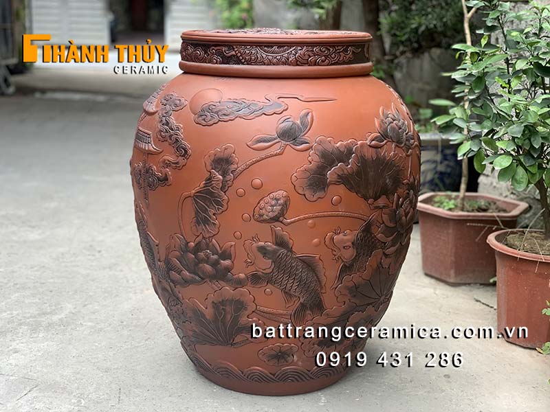 Chum ngâm rượu Cá chép hóa rồng 50L sành Bát Tràng chất lượng cao Chum ngâm rượu Cá chép hóa rồng 50L sành Bát Tràng chất lượng cao