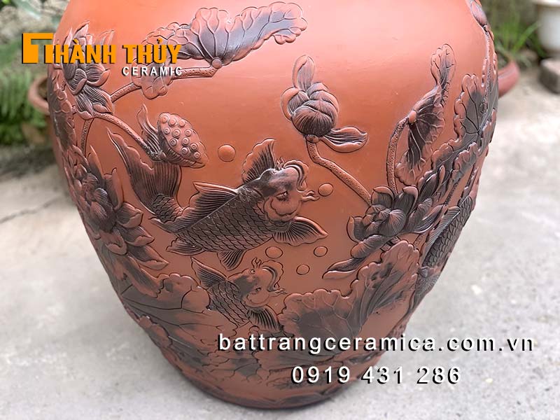 Chum ngâm rượu Cá chép hóa rồng 50L sành Bát Tràng chất lượng cao Chum ngâm rượu Cá chép hóa rồng 50L sành Bát Tràng chất lượng cao