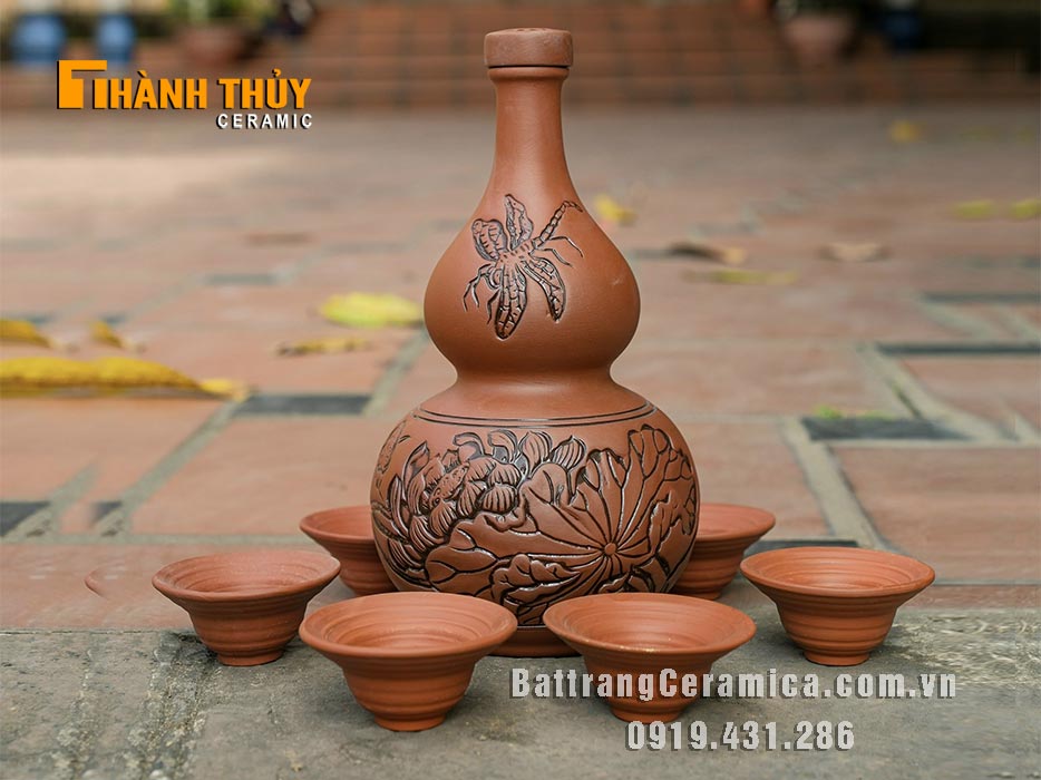 Bộ nậm rượu hoa sen 1L thủ công độc đáo, quà tặng ý nghĩa 