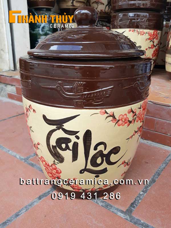 Hũ gạo gốm sứ hoa Đào 30kg an toàn bền đẹp bảo vệ sức khỏe