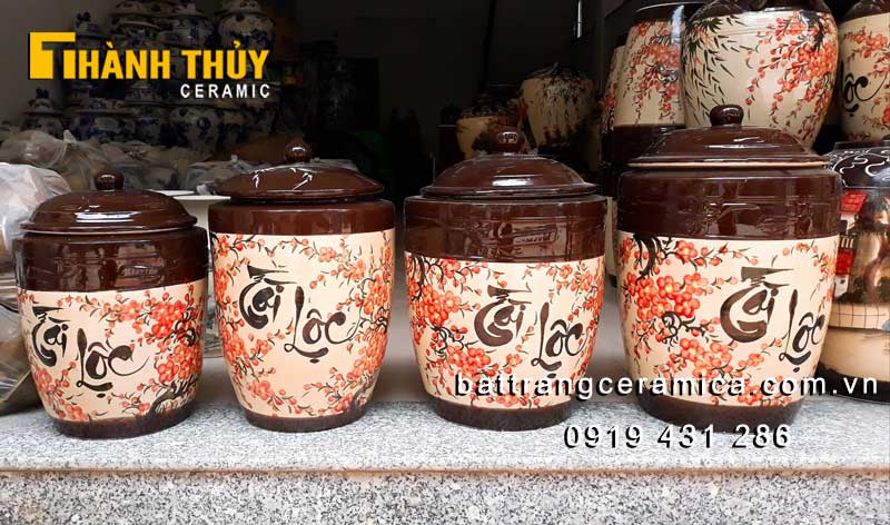 Hũ đựng gạo tài lộc hoa đào gốm sứ Bát Tràng 25kg chất lượng