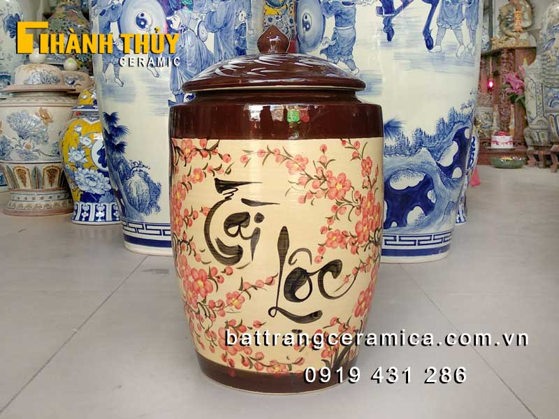 Hũ gạo Bát Tràng hoa Đào 20kg gốm sứ phong thủy đẹp sang 