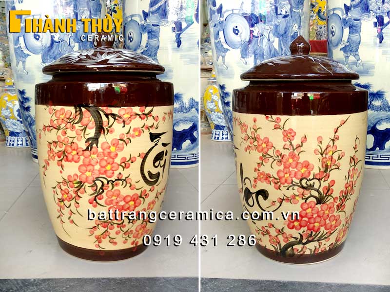 Hũ gạo Bát Tràng hoa đào 15kg đẹp sang tài lộc may mắn