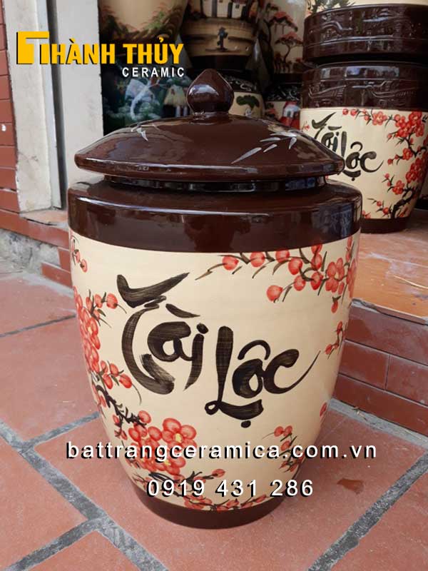 Hũ gạo Bát Tràng hoa đào 15kg đẹp sang tài lộc may mắn