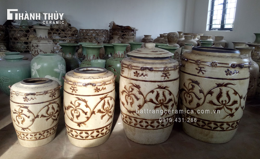 Hũ gạo sứ Bát Tràng 12kg men rạn cổ Tích tài lộc may mắn