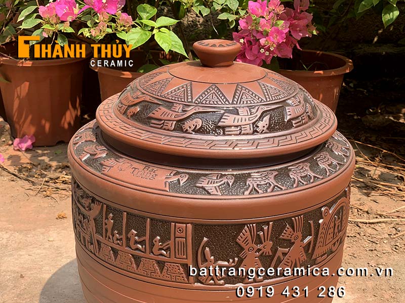 Hũ gạo Bát Tràng 15kg phong thủy văn lang âu lạc cao cấp