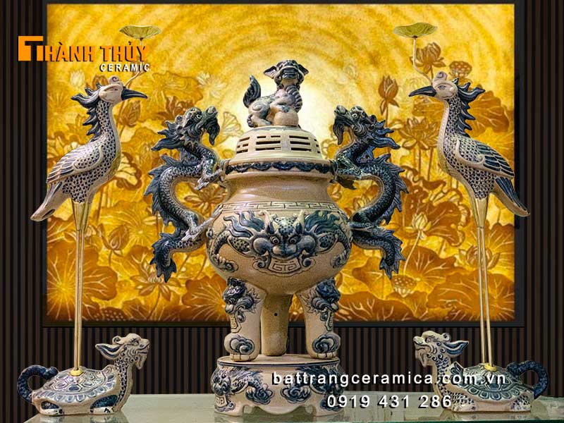 Bộ đỉnh hạc sứ men rạn cao 65cm sang trọng phong thủy tài lộc 