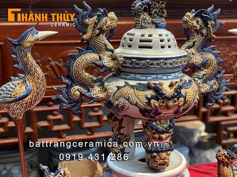 Bộ đỉnh hạc sứ men rạn cổ 70cm - Đồ thờ tam sự cao cấp