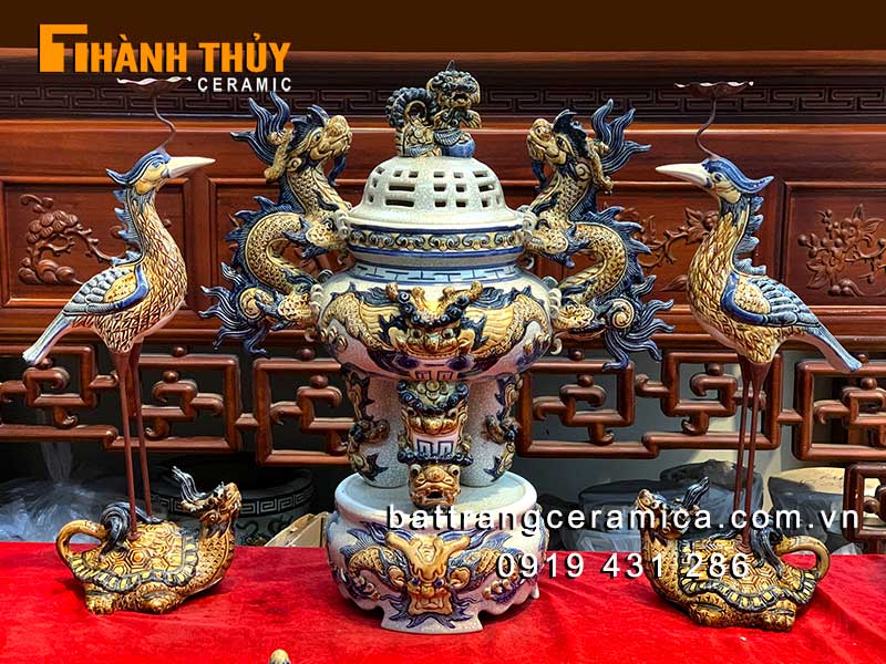 Bộ đỉnh hạc sứ men rạn cổ cao cấp 60cm đỉnh lư hương tam sự Bát Tràng