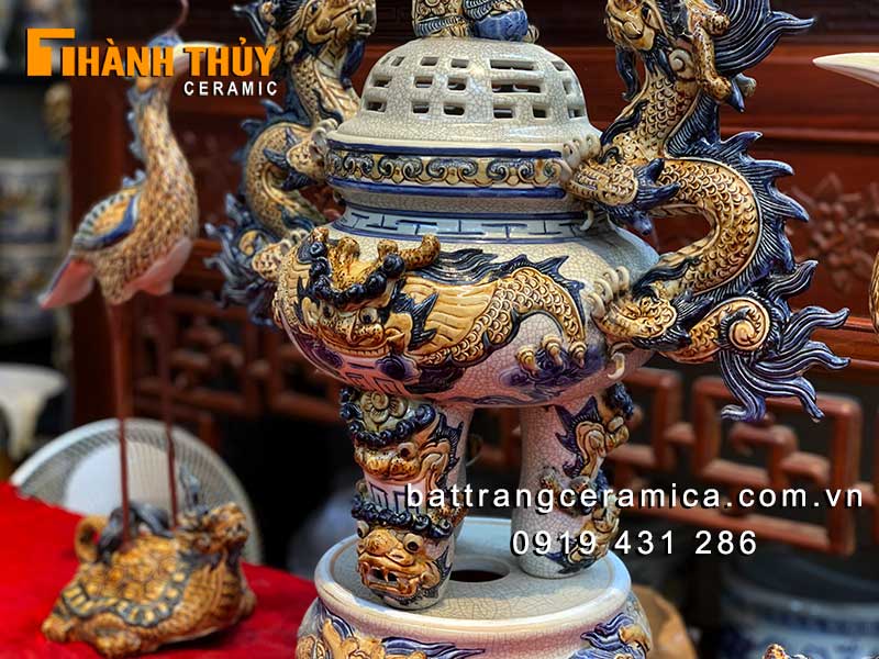 Bộ đỉnh hạc sứ men rạn cổ cao cấp 60cm đỉnh lư hương tam sự Bát Tràng