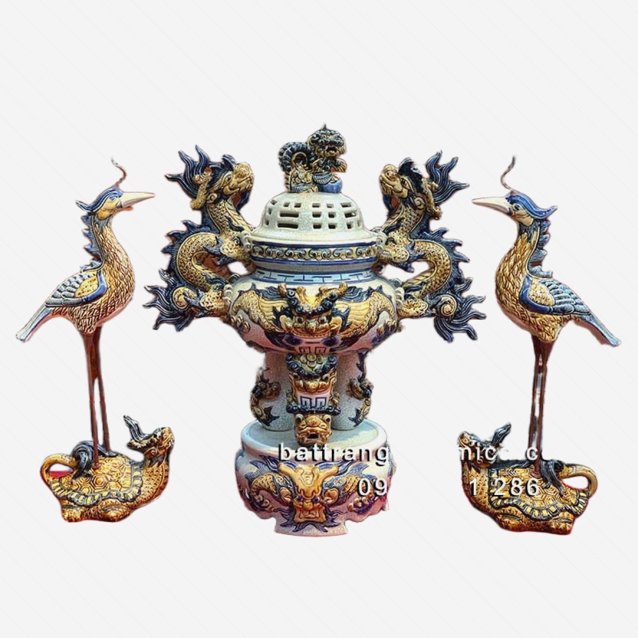 Bộ đỉnh hạc sứ men rạn cổ cao cấp 60cm đỉnh lư hương tam sự Bát Tràng 