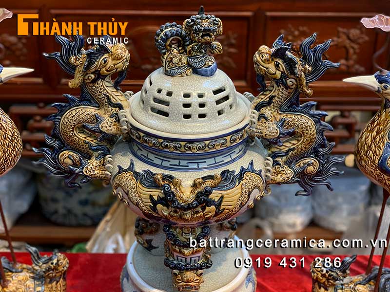 Bộ ngũ sự sứ men rạn cao cấp S4 50cm sang trọng đỉnh hạc