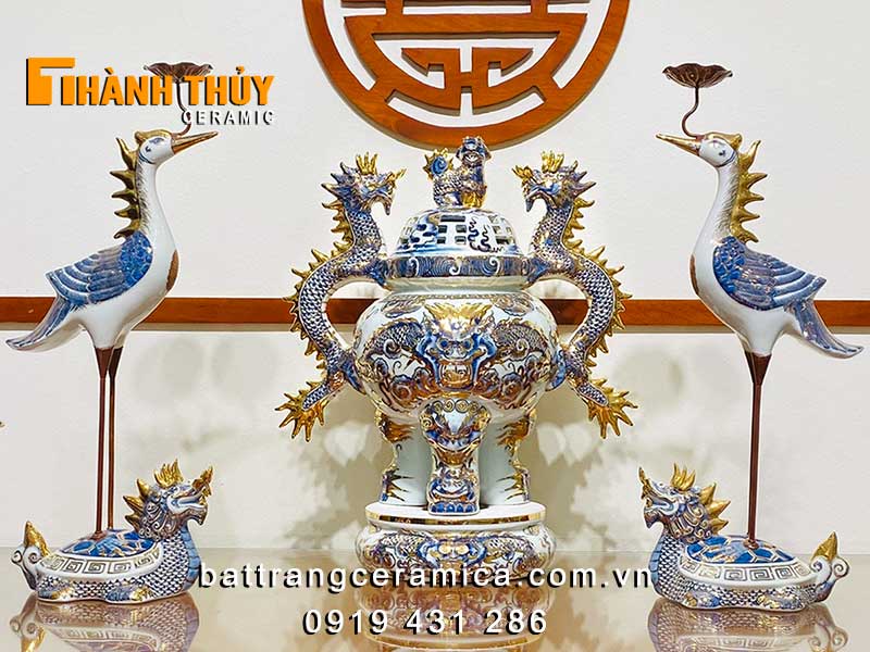 Bộ ngũ sự sứ vẽ vàng 24k sang trọng cao 50cm quà tặng ý nghĩa 