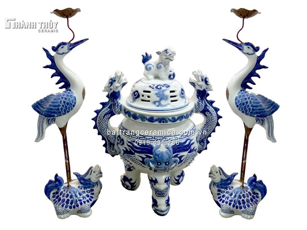 Đỉnh hạc sứ men Lam 50cm Bộ tam sự thờ cúng cao cấp đẹp