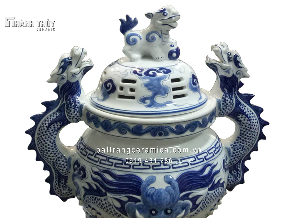 Đỉnh hạc sứ men Lam 50cm Bộ tam sự thờ cúng cao cấp đẹp