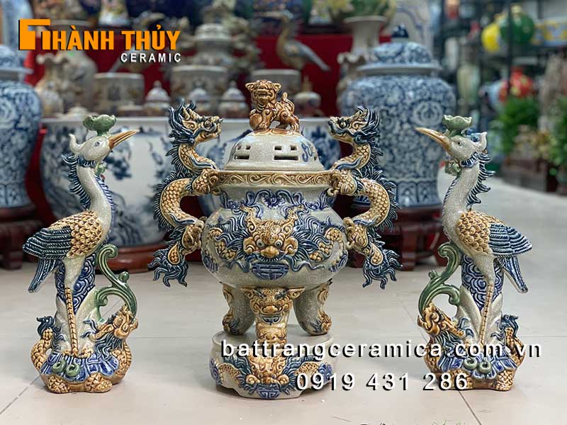 Bộ đỉnh hạc gốm sứ rạn S2 42cm cao cấp chuẩn thờ cúng độc đáo