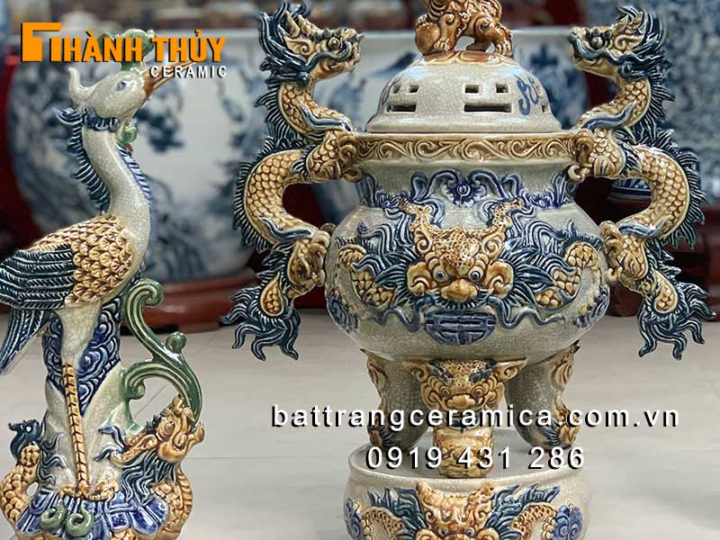 Bộ đỉnh hạc gốm sứ rạn S2 42cm cao cấp chuẩn thờ cúng độc đáo