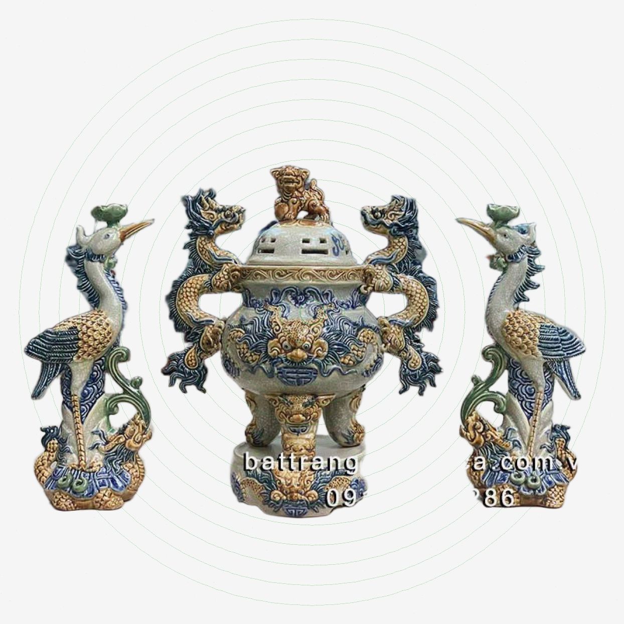 Bộ đỉnh hạc gốm sứ rạn S2 42cm cao cấp chuẩn thờ cúng độc đáo 