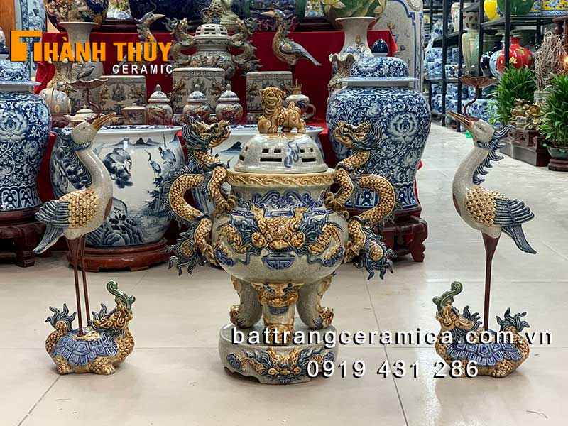 Bộ tam sự gốm sứ rạn S1 cao 52cm xanh đỉnh hạc tài lộc 