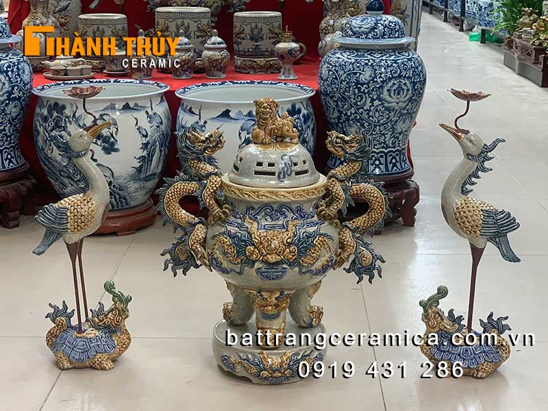 Bộ tam sự gốm sứ rạn S1 cao 52cm xanh đỉnh hạc tài lộc