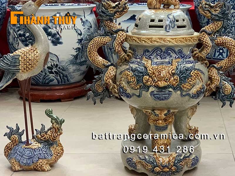 Bộ tam sự gốm sứ rạn S1 cao 52cm xanh đỉnh hạc tài lộc