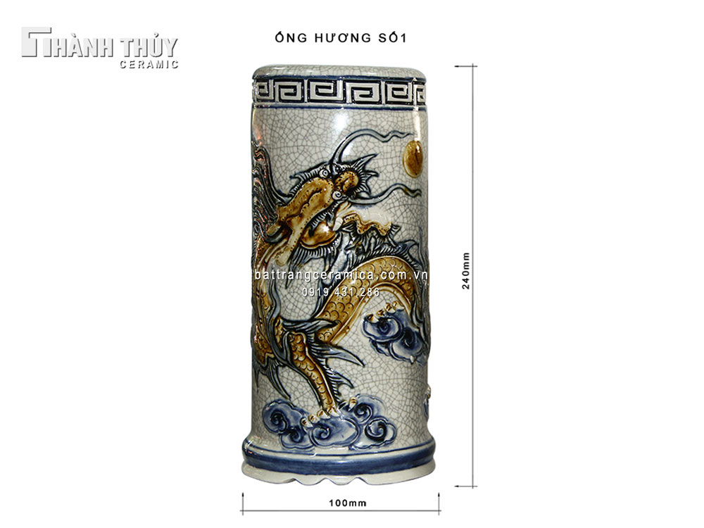 Ống hương men rạn 22cm decor phong thủy linh vật rồng 