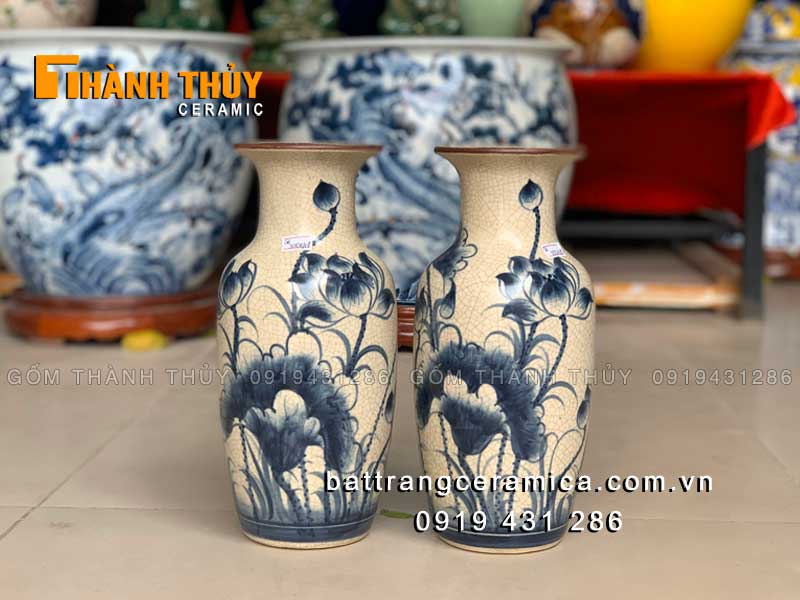 Lọ lộc bình men rạn hoa Sen 28cm thủ công Bát Tràng đẹp
