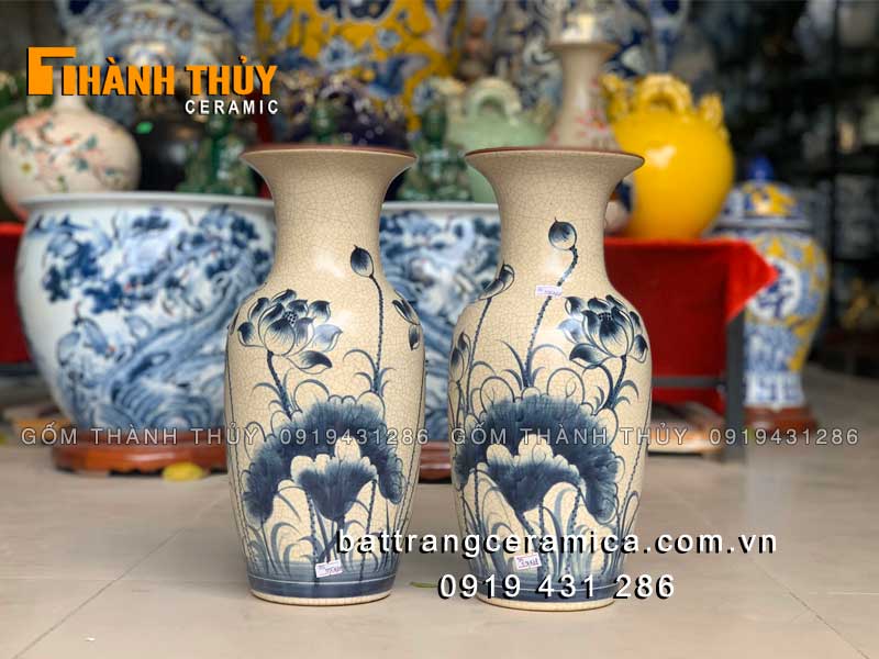 Lục bình vẽ Sen men rạn 38cm hàng Bát Tràng cao cấp trang trí 