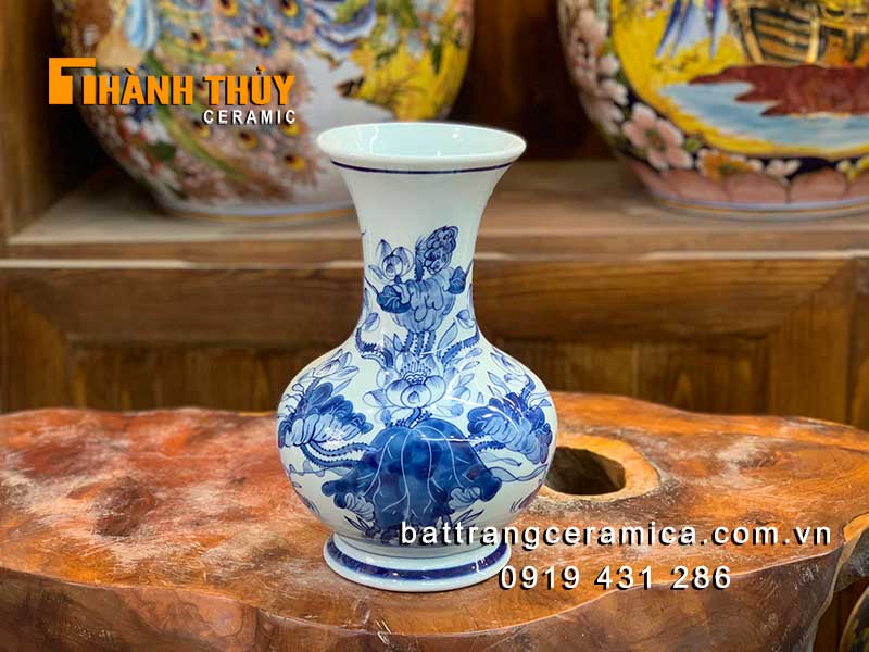 Bình bông thờ cúng vẽ sen 26cm gốm Bát Tràng cao cấp