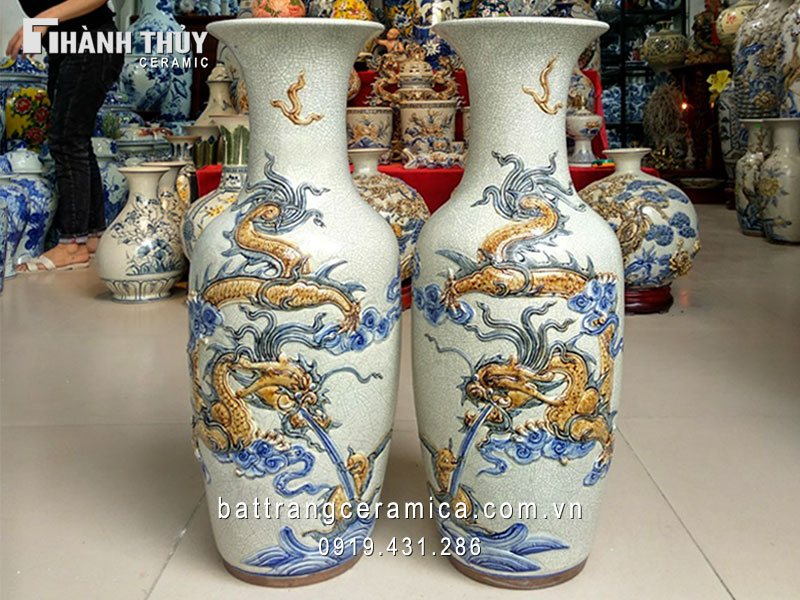 Lộc bình rồng men rạn 60 cm cao cấp phong thủy sang trọng 