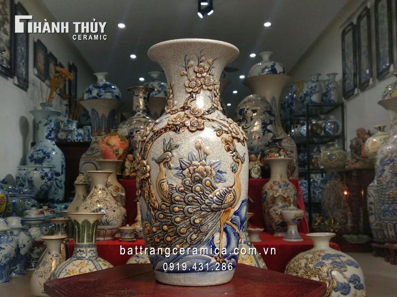Lọ lộc bình công đào men rạn nổi 30cm đẹp sang trọng, quà tặng độc đáo 