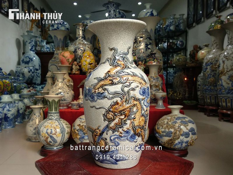 Lọ lộc bình rồng nổi men rạn 30cm decor phong thủy sang trọng