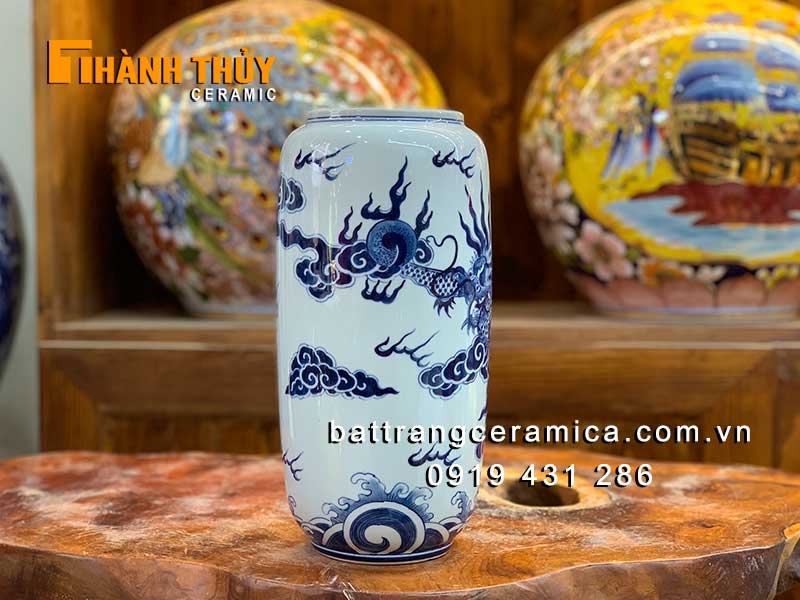 Lọ bầu men Lam vẽ Rồng 28cm đồ thờ cúng cao cấp trang trí đẹp