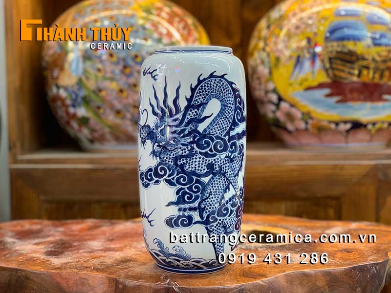 Lọ bầu men Lam vẽ Rồng 28cm đồ thờ cúng cao cấp trang trí đẹp 