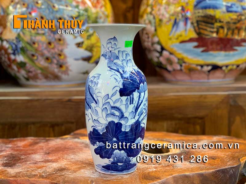 Lọ lục bình vẽ sen thủ công 28cm đẹp trang trí ban thờ