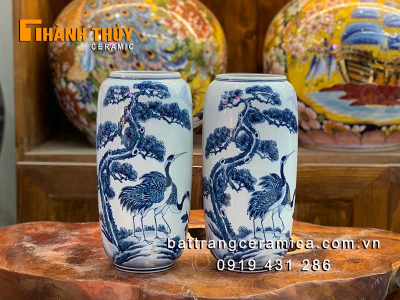 Lọ bầu Tùng hạc men lam 28cm cao cấp trang trí đẹp quà tặng