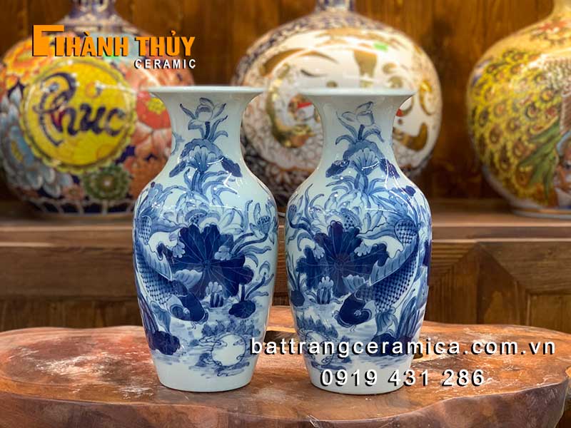 lọ hoa thờ cá chép hoa sen 30cm sứ bát tràng sang trọng quà tặng 