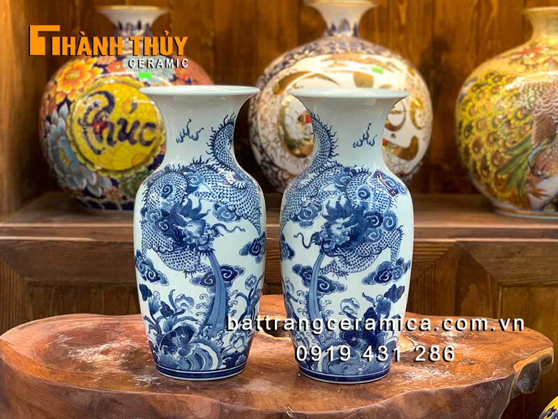 Bình hoa thờ vẽ rồng xanh lam 35cm gốm sứ Bát Tràng đẹp 