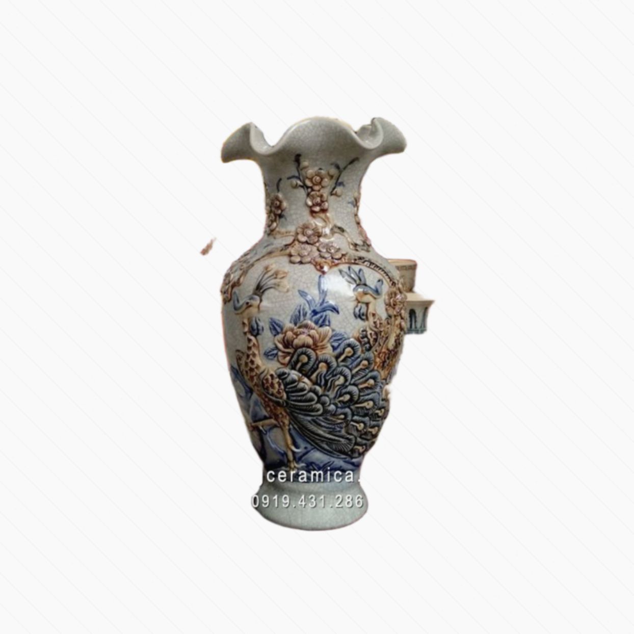 Lọ miệng loe công đào rạn 26cm chuẩn phong thủy sang trọng 
