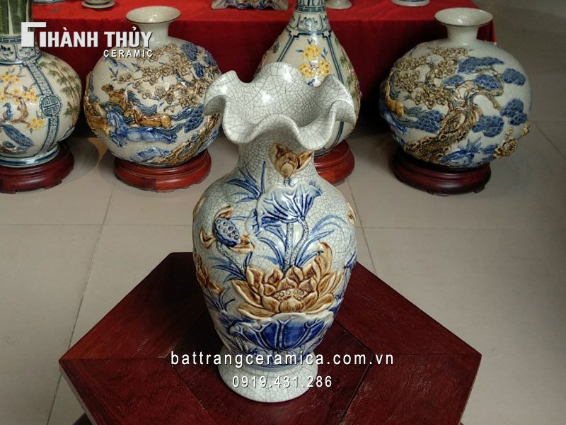 Lọ sen men rạn miệng loe 26cm trang trí phong thủy sang trọng