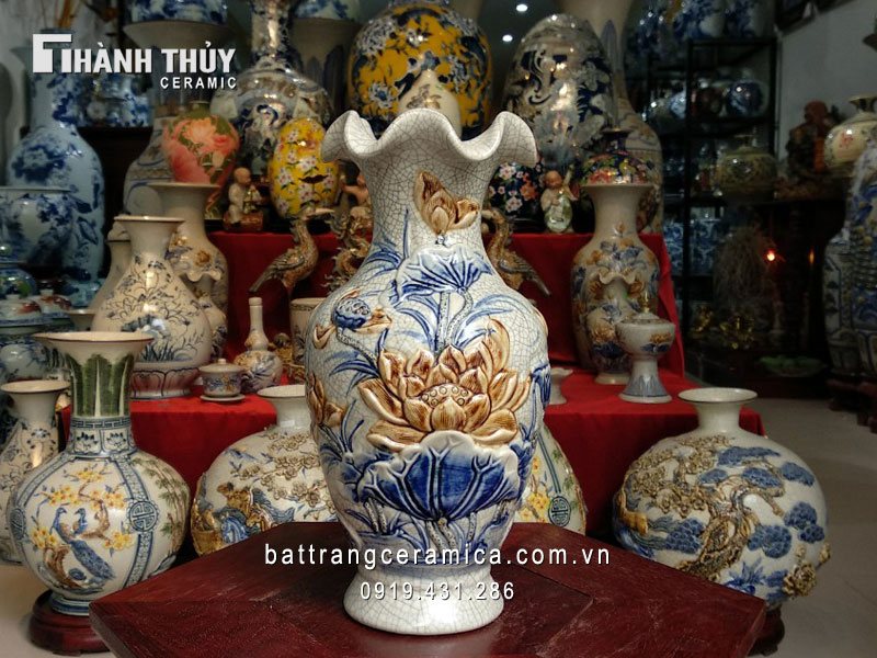 Lọ sen men rạn miệng loe 26cm trang trí phong thủy sang trọng 