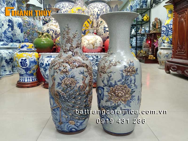 Lộc bình Công Đào men rạn 50cm sang trọng, hút tài lộc, may mắn
