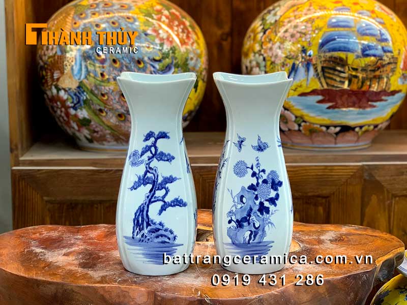 Bình lọ hoa vuông vẽ tứ cảnh Bát Tràng cao cấp 30cm