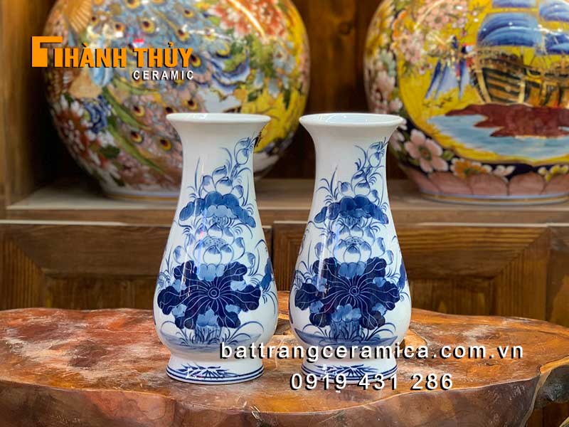 Lọ huệ men Lam vẽ sen 24cm trang trí nội thất quà tặng đẹp