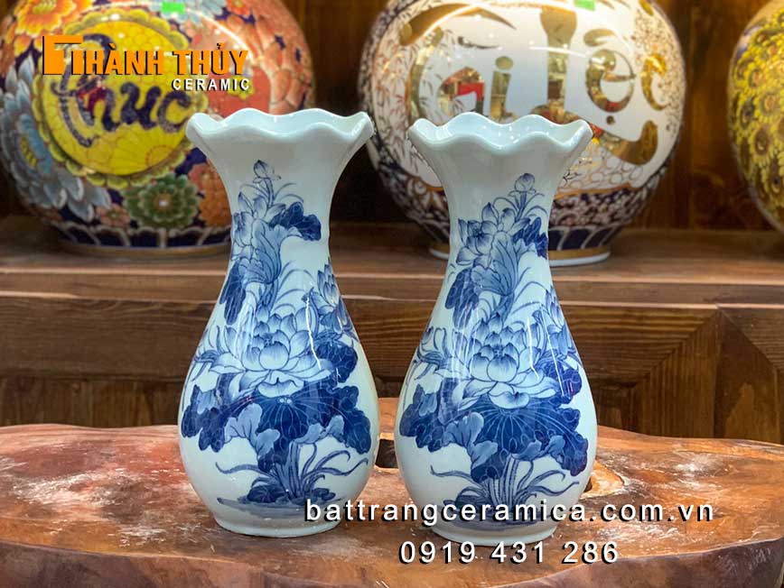 Lọ miệng loe vẽ hoa sen 25cm gốm sứ Bát Tràng cao cấp, đẹp 